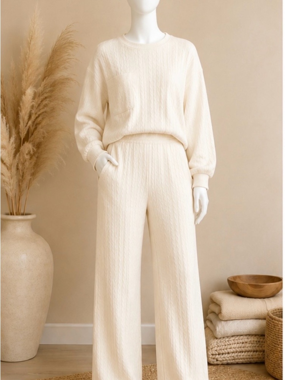 Hey Lovely Cream Cable-Knit Wide-Leg Lounge Set